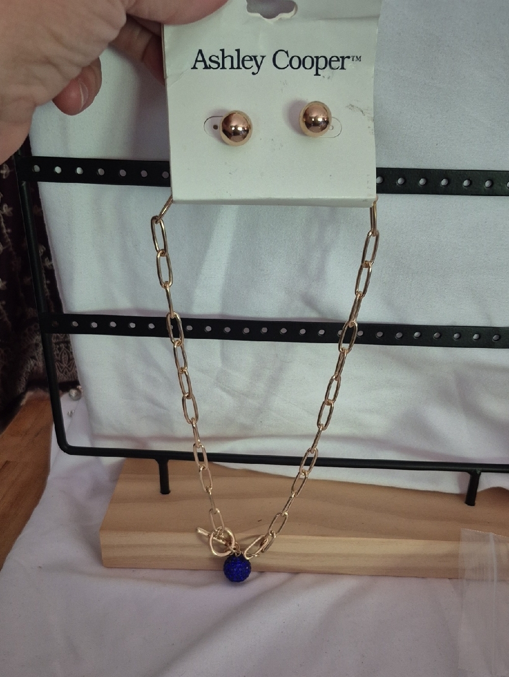 Ashley Cooper Gold Chain Necklace with Blue Pendant And Earrings